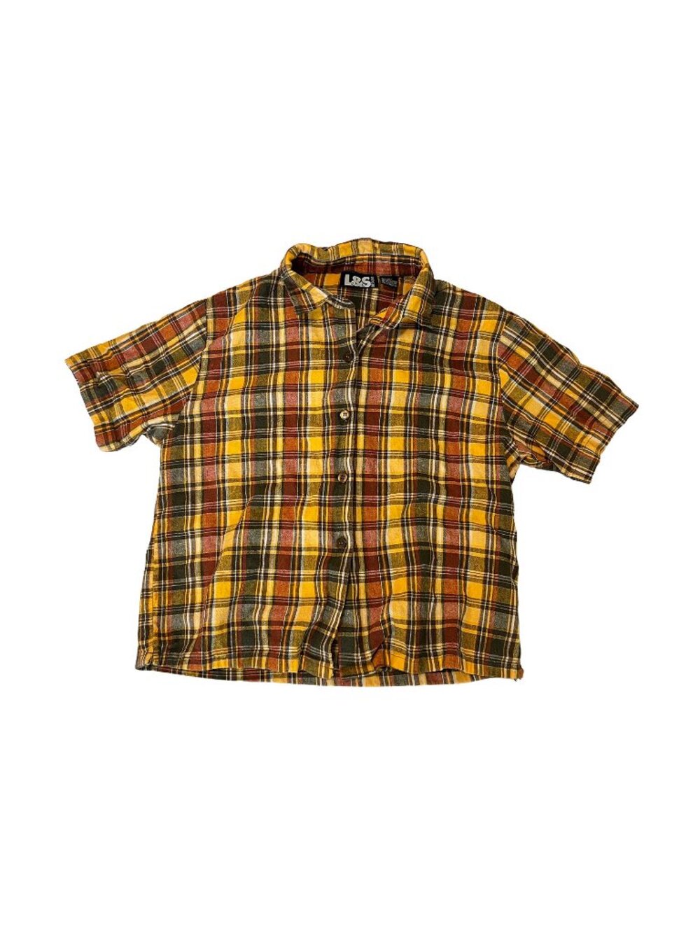 L&S Designs Plaid Button Down Shirt Medium Yellow Brown Short Sleeve Grunge 90s